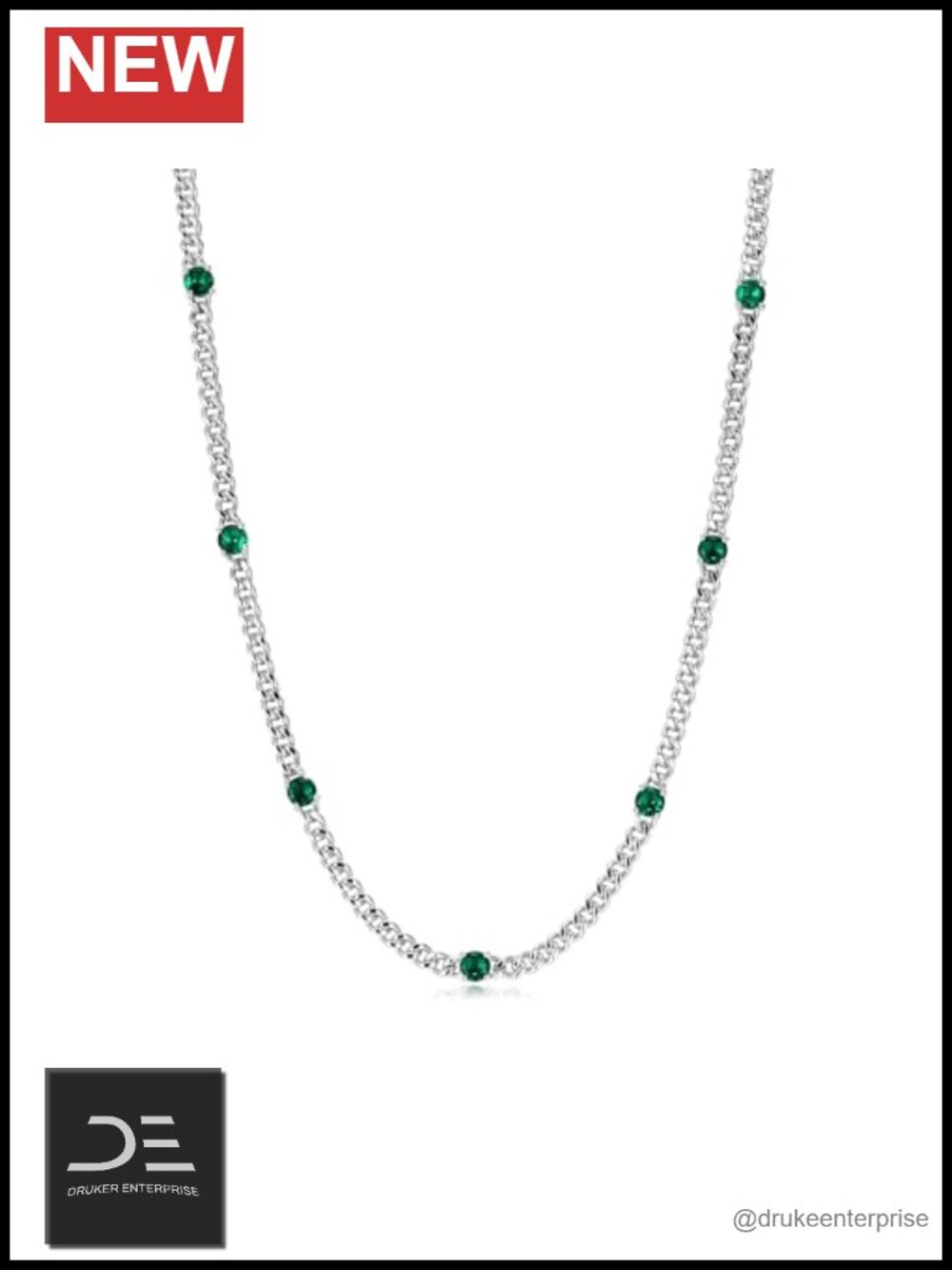 925 Sterling Silver 3.6mm Cuban Link Chain Necklace Created Emerald Pendant